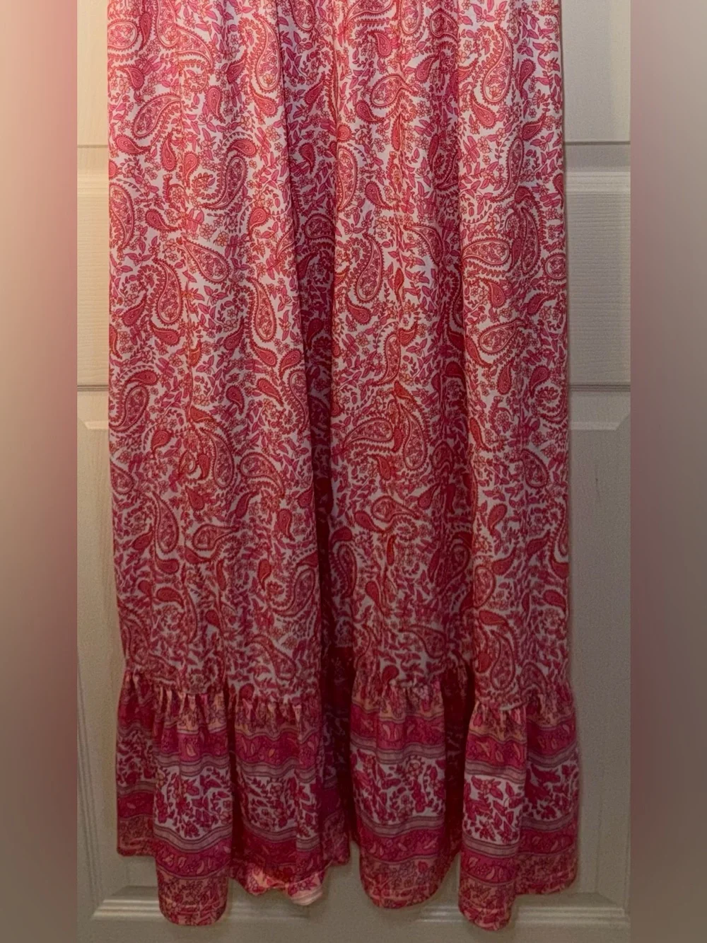 Pink Paisley Tie Shoulder Ruffle Maxi Dress